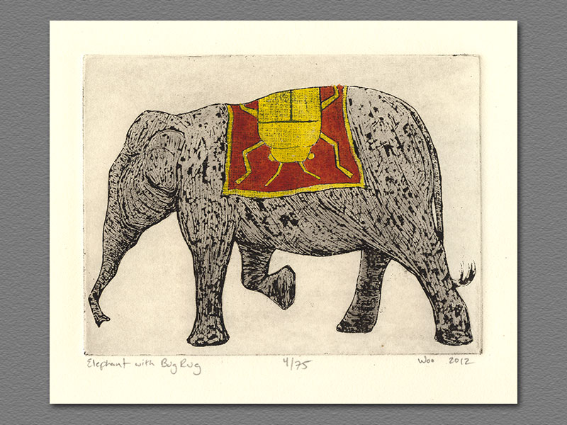 etching - Elephant with Bug Rug