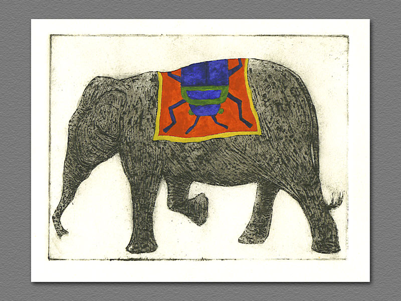 etching - Elephant with Bug Rug